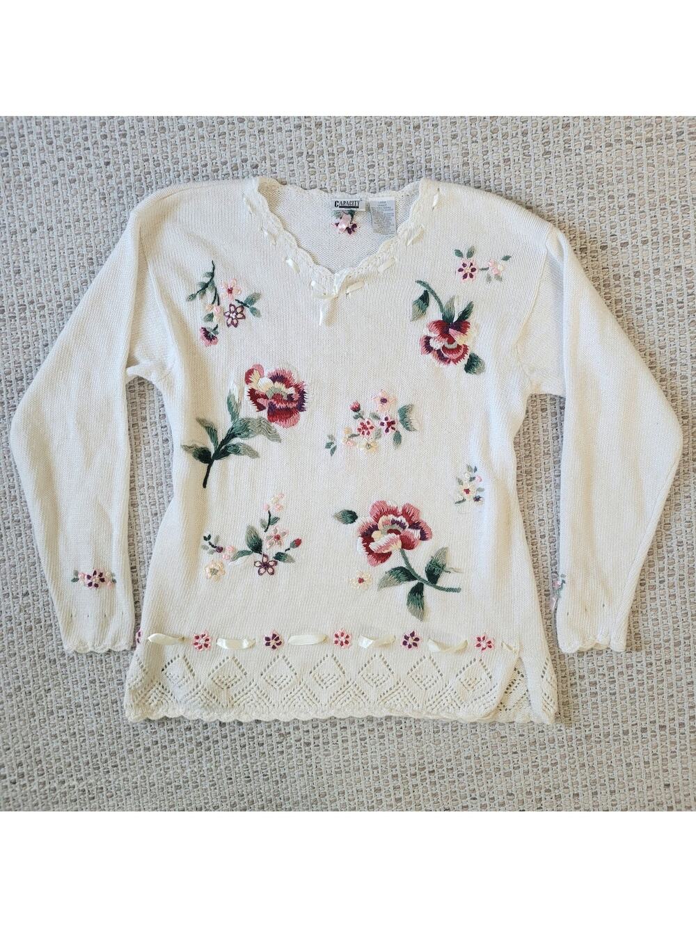 Vintage 90s Capacity Womens Sweater Large White Bows Floral Coquette Cottage